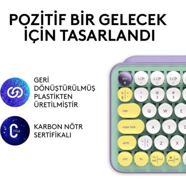 Logitech POP Keys Daydream Özelleştirilebilir Emoji Tuşlu Mekanik Kablosuz Klavye - Mint&Lila - Görsel 6