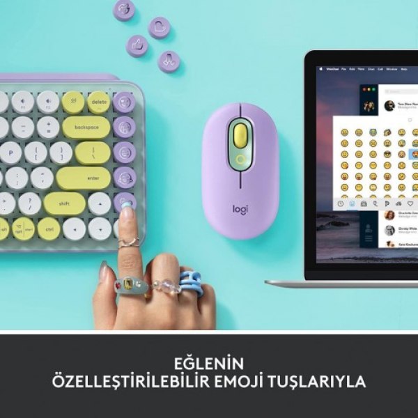 Logitech POP Keys Daydream Özelleştirilebilir Emoji Tuşlu Mekanik Kablosuz Klavye - Mint&Lila - Görsel 7