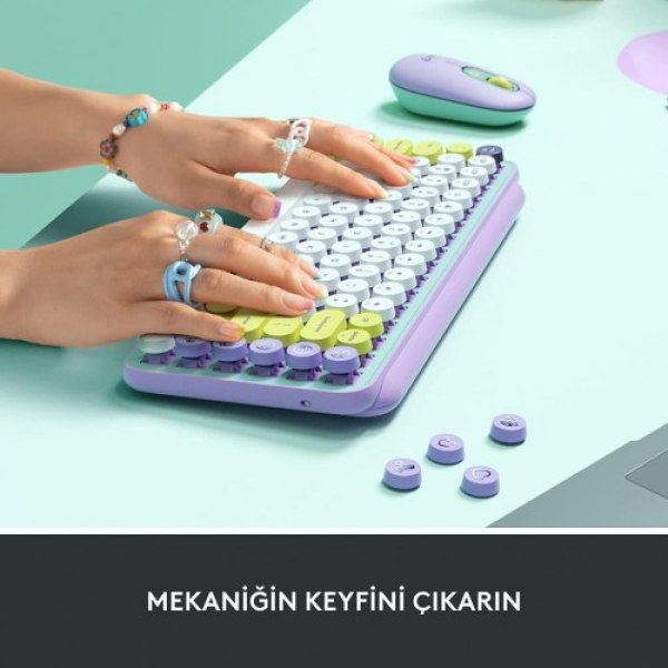 Logitech POP Keys Daydream Özelleştirilebilir Emoji Tuşlu Mekanik Kablosuz Klavye - Mint&Lila - Görsel 8