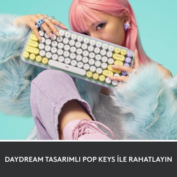 Logitech POP Keys Daydream Özelleştirilebilir Emoji Tuşlu Mekanik Kablosuz Klavye - Mint&Lila - Görsel 10